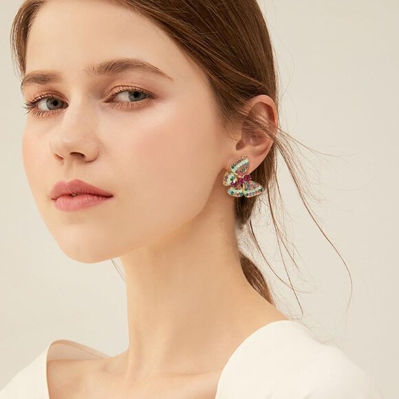 Women's Colorful Rhinestones Gold Plated Beauty Butterfly Statement Earrings - Picture 3 of 7